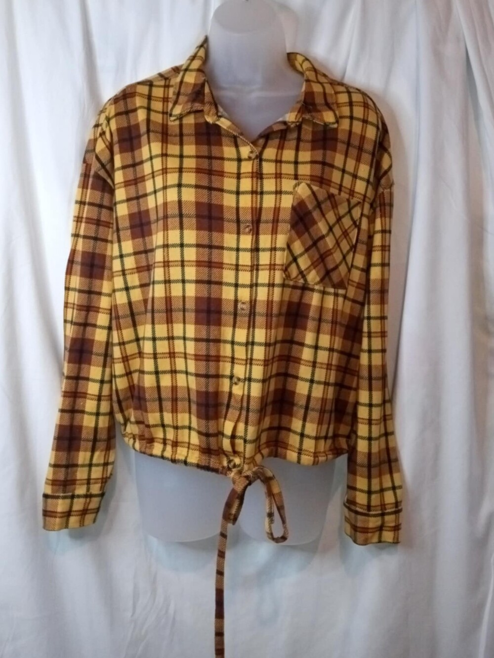 XL Juniors Mustard Plaid Knit Shirt Tie Waist Button Pocket Soft Cabincore Retro